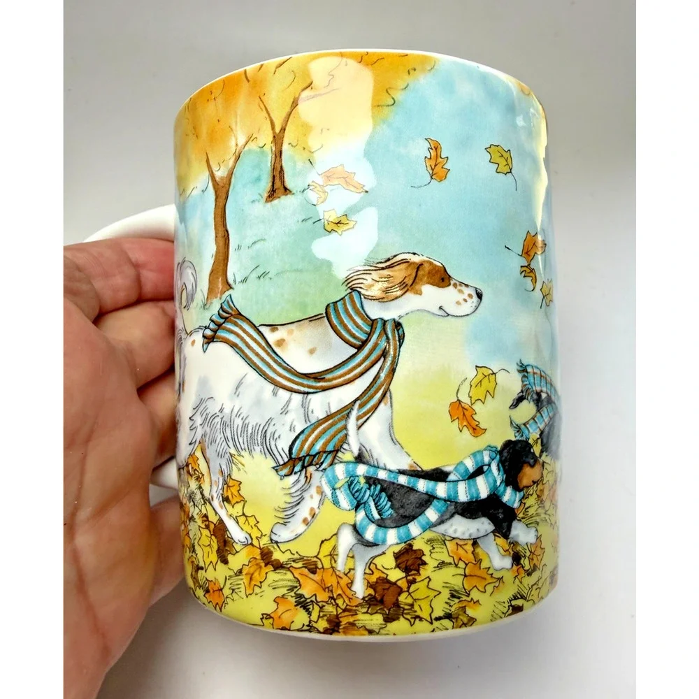 Pier 1 Park Avenue Puppies Mug Lazy Sunday Autumn Dogs 22 Oz Mug Retired Set 2
